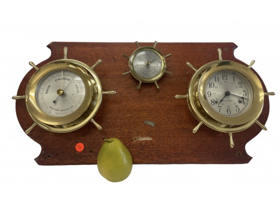 Vintage Brass Seth Thomas Ships Wheel Clock And Nautical Barometers 24' X 12' (AB)