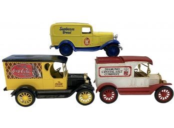 Three Vintage ERTYL Advertising Delivery Truck Coin Banks 'Sunbeam Bread', 'Coca Cola' And 'Diamond Salt Co.'