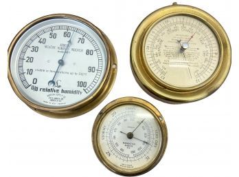 Three Vintage Brass Maritime Ship's Barometer Instruments (C50)