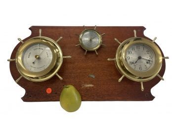 Vintage Brass Seth Thomas Ships Wheel Clock And Nautical Barometers 24' X 12' (AB)