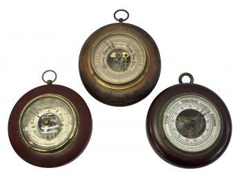 Trio Of Antique Wood Mounted Aneroid Barometers (BY)