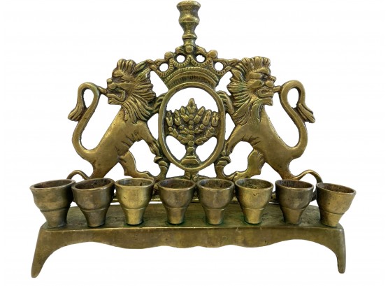 Vintage Brass Jerusalem Lions Oil Lamp Chanukah Menorah