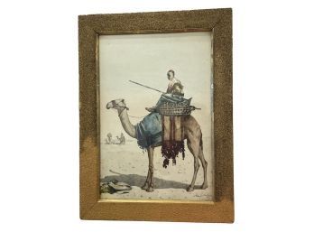 Antique 1880 Colorized Etching Of Arab On Camel In Old Sand Frame 26' X 19'.