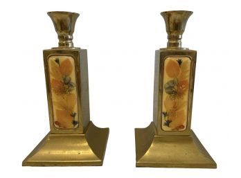 Vintage Brass And Enamel Candle Holders