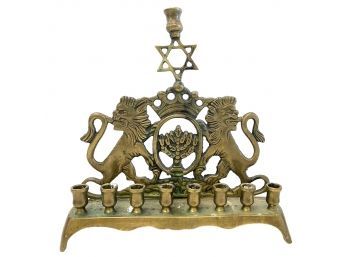 Vintage Classic Brass Chanukah Menorah With Jerusalem Lions