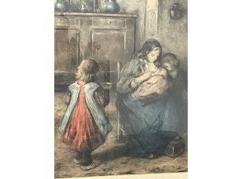 Antique French Etching Of Young Mother By Charlet 24' X 18' (P45)