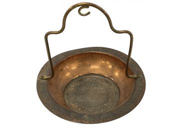 Vintage Embossed Copper Handled Bowl From Jerusalem