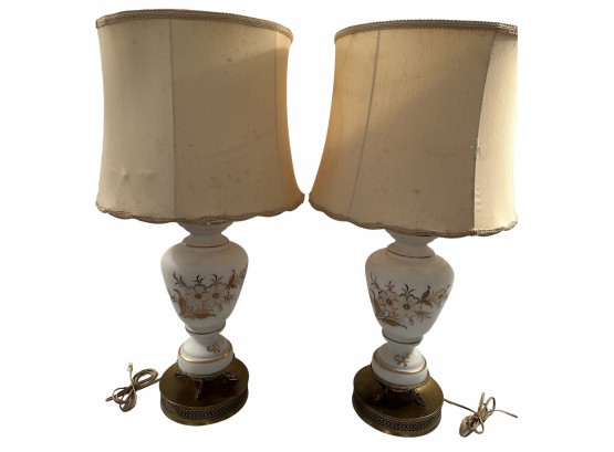 Pair Of Large Satin Glass Table Lamps With Gold Decoration, Working