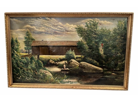 Large Antique Oil On Canvas Of Covered Bridge With Boy Fishing Signed By W H Atkins ? Atkinson ?