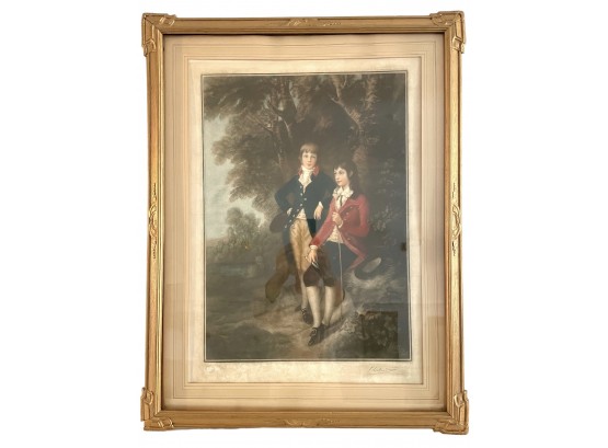 Antique English Signed Print / Engraving Of Two Young Gentlemen With Embossed Seal, #15