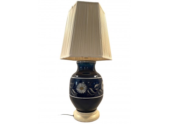 Vintage Hand Decorated Cobalt Glass Table Lamp With Raised Paint Decoration, Measures 31' Tall