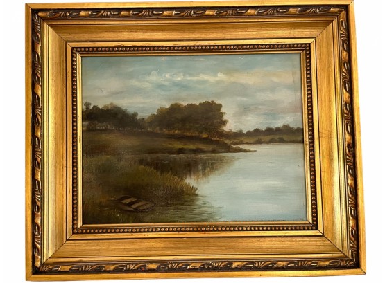 Vintage Antique Oil On Canvas Of Coastal View Or River Front Scene. #5