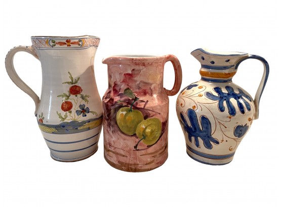 Collection Of Three Italian Made Vintage Pottery Pitchers.