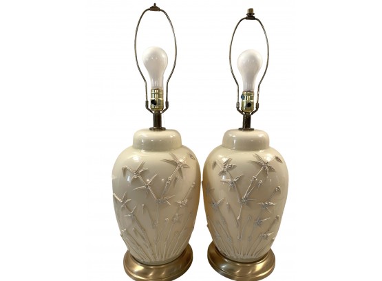 Pair Of Vintage Oriental Inspired Table Lamps, Possibly Lenox.  28' Tall.