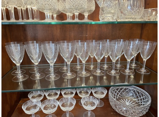 Set Of 18 Vintage Engraved Crystal Stemware Glasses.  7' Tall.