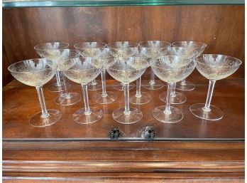 15 Vintage Engraved Crystal Champagne  Sherbet Stemware Glasses.