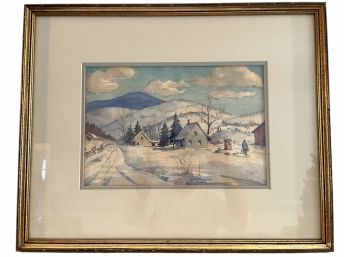 Signed Vintage Watercolor Painting Of Snow Scene Landscape Signed A T Merrill ?. #12