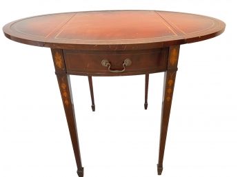 Vintage Leather Top Drop Leaf Oval Side Table With A Single Drawer..  #1
