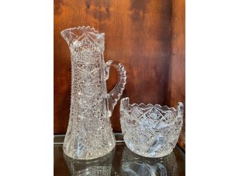 Good Quality Cut Glass Pitcher And Cut Glass Candy Bowl.
