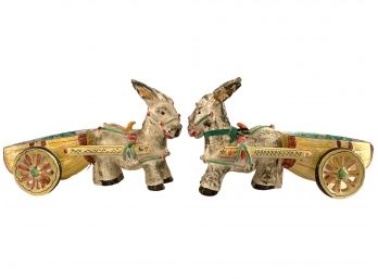Pair Of Italian Made, Vintage Porcelain Donkeys With Wagons.