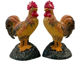 Pair Of Vintage Cast Iron Roosters Bookends ? Door Stops. 8' Tall