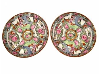 Pair Of Chinese Rose Medallion Deep Plates  Soup Bowls.