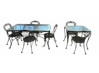 Two Glass Top Wrought Iron Porch / Patio Set With 6 Matching Chairs