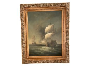 Very Impressive Large Vintage Oil On Canvas Of Two Battle Ships Signed By Listed Artist James Hardy. #10