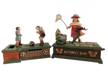 Pair Of Reproduction Cast Iron Mechanical Banks. Soccer And Butterfly Girl Bank.