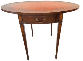 Vintage Leather Top Drop Leaf Oval Side Table With A Single Drawer.  #2