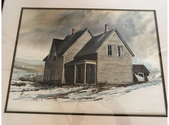 Large Watercolor Of Farm House Signed Illegibly Richard ?? 85, Needs New Glass