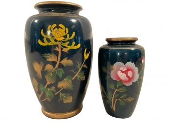 Pair Of Hand Decorated Oriental Style Floral Vases.