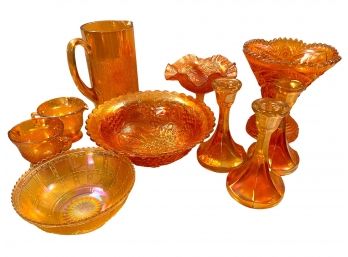 Collection Of  Marigold Carnival Glass Serving Pieces And More. 10 Pieces.