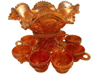 Vintage Marigold Cut Carnival Glass Punch Bowl And 8 Cups.