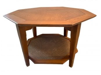 Mid-Century Modern MCM Octagonal Wood And Wicker Side Table.
