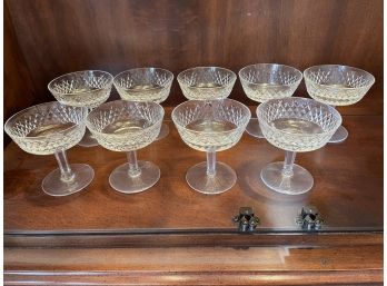 Nine Waterford Crystal Champagne Sherbet Glasses. 4' Tall