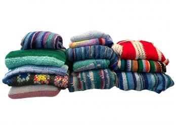 Collection Of 13 Woven Afghan Crochet Granny Blanket.