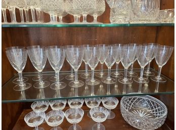 Set Of 18 Vintage Engraved Crystal Stemware Glasses.  7' Tall.