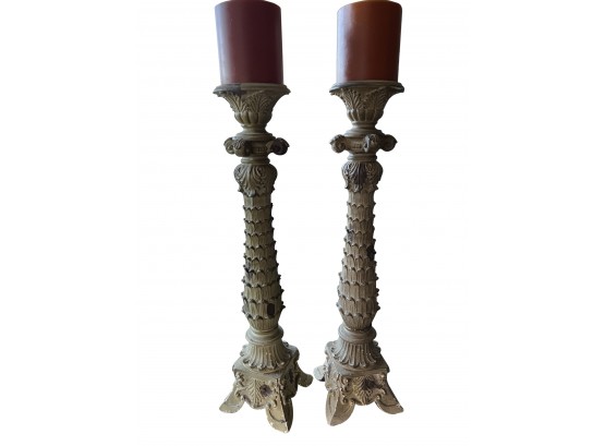 Pair Of Tall Ornate Wooden Candlesticks