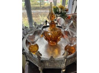 Vintage Amber Decanter And 5  Glasses