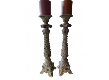 Pair Of Tall Ornate Wooden Candlesticks