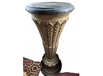 Carved Wooden Plant Stand With Marble Top