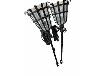 Large Wrought Iron And Glass Wall Sconces