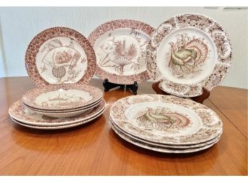 Vintage Brown And White Transferware China Plates/Bowls - 11 Pieces