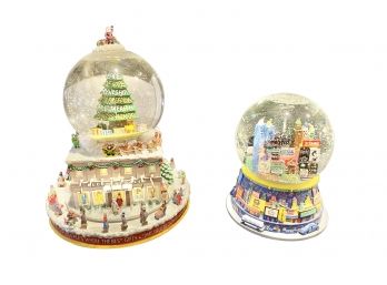Pair Of NYC Themed Musical Snow Globes - Bloomingdales & Broadway Theater
