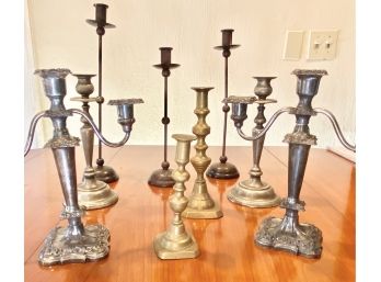 Set Of 9 - Silverplate And Brass Candlesticks