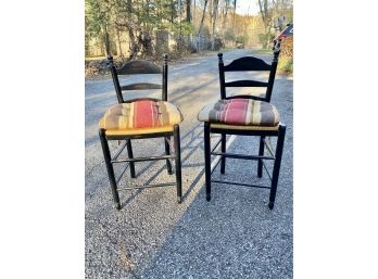 Set Of 2 - Black Painted Rush Seat Bar Stools