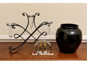 Iron Vase Holder, Himark Vase And Lucite Clock Parts Bookends