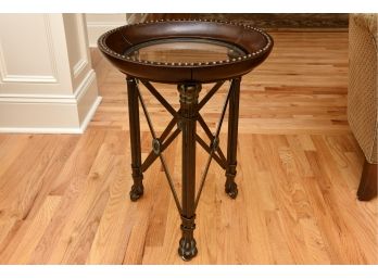 Maitland Smith Style Iron Leather Round Glass Accent Table With Stud Detailing