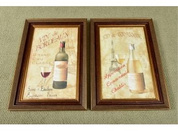 Pair Of Framed Prints By De Villenueve Titled Vin De Bordeaux And Vin De Bourgogne